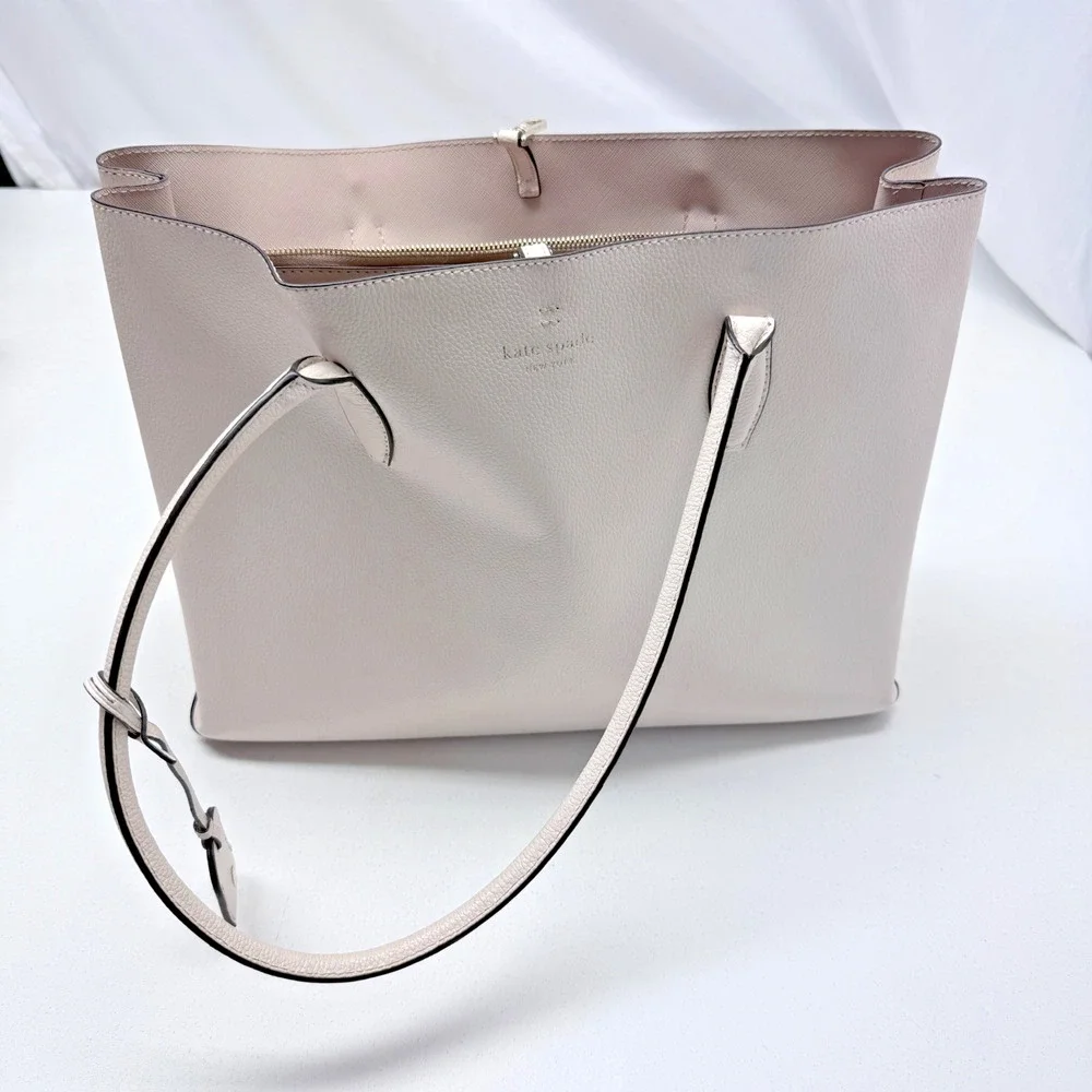 Kate Spade Harper Large Leather Tote Bag Parchment White Grey 15